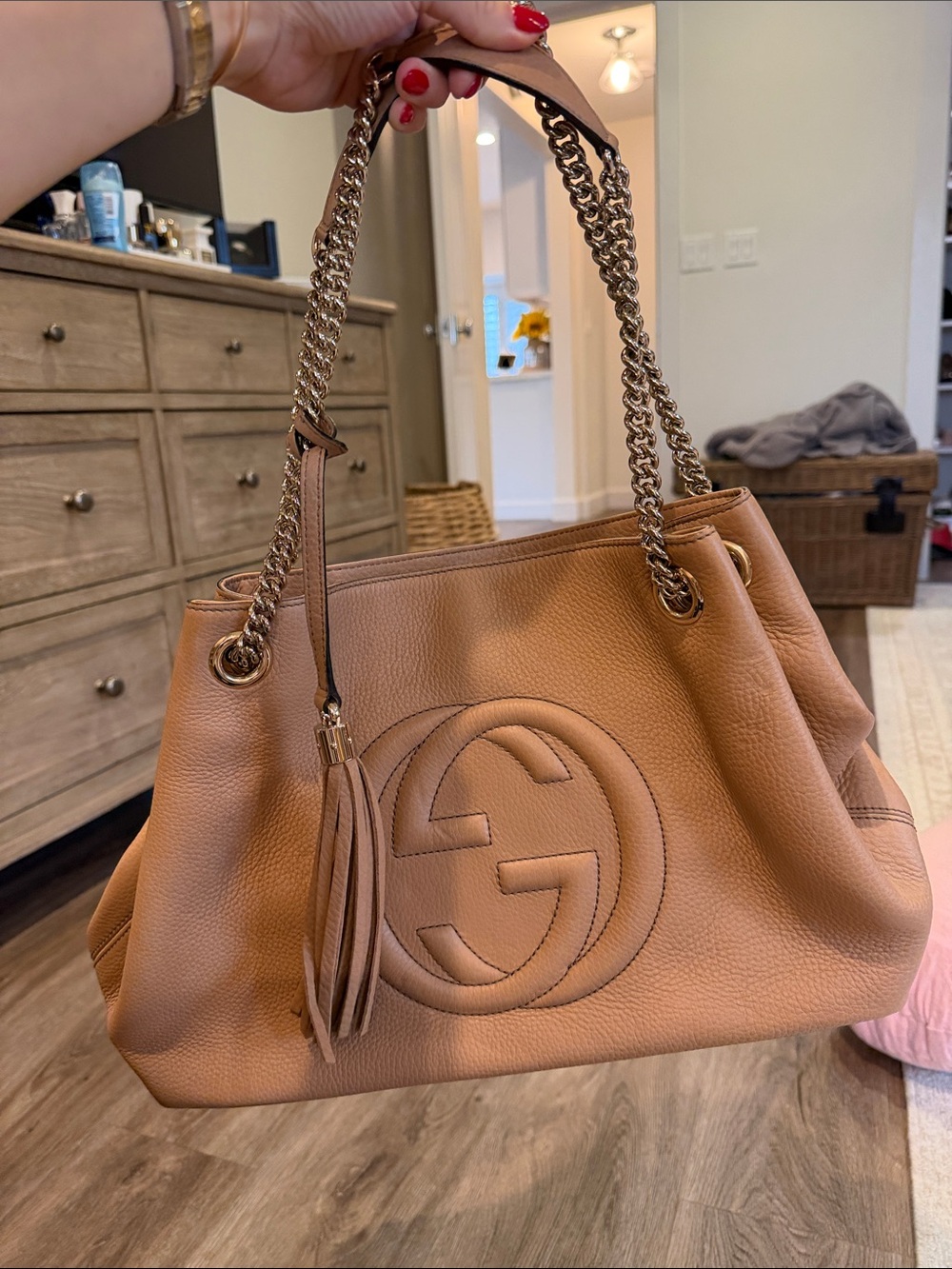 Gucci Brown Pebbled Leather Shoulder Bag with Tassel & Chain Straps